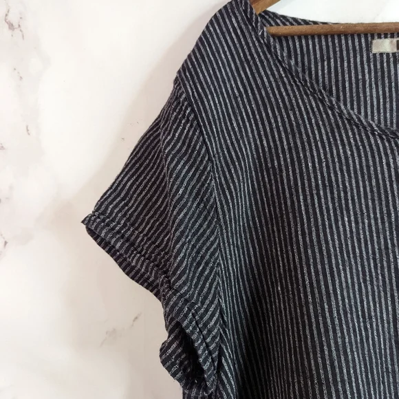 SALE LIMITED TIME Flax Top Short Sleeve Stripe Black Linen Tunic Lagenlook - Picture 2 of 13